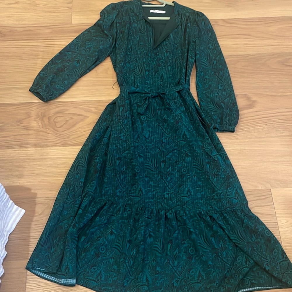 Rebecca Minkoff, dark, green and black printed dress with tie waist.